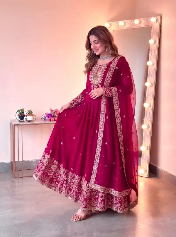 Rani pink embroidered Anarkali suit