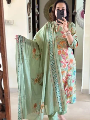Sage Green Pure Cotton Handwork Suit Set for Women