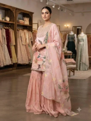Blush Pink Printed Soft Organza Sharara Suit