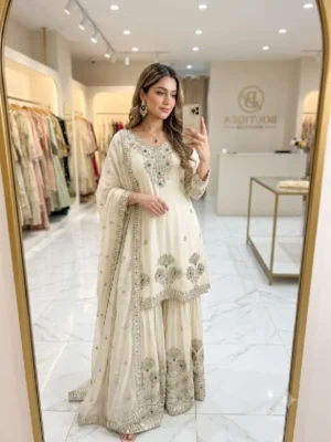 A-Line Cut Satin Silk Sharara Suit Set with Dupatta