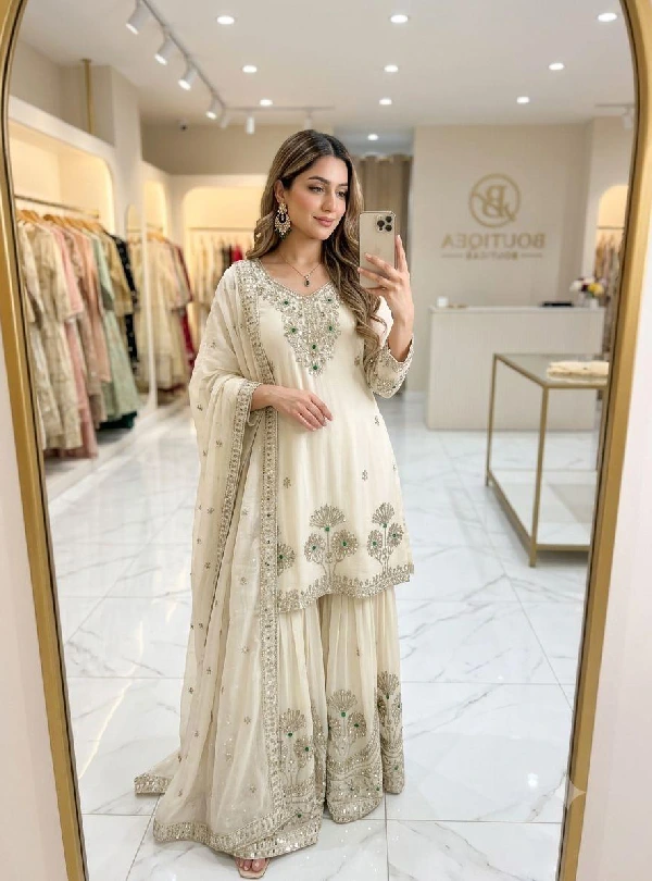 A-Line Cut Satin Silk Sharara Suit Set with Dupatta