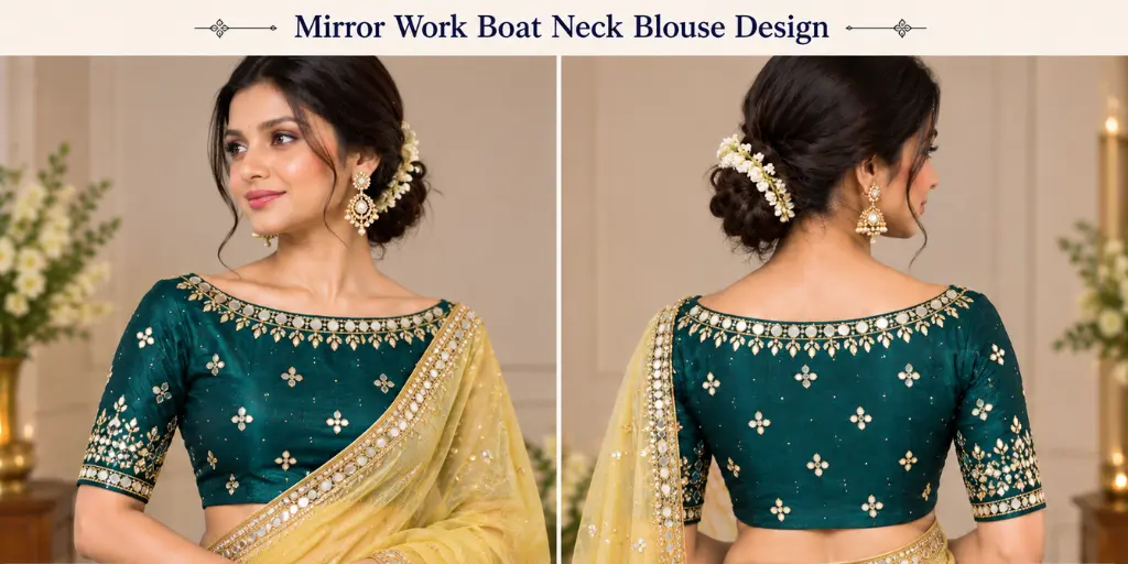 Boat Neck Blouse With Mirror Work