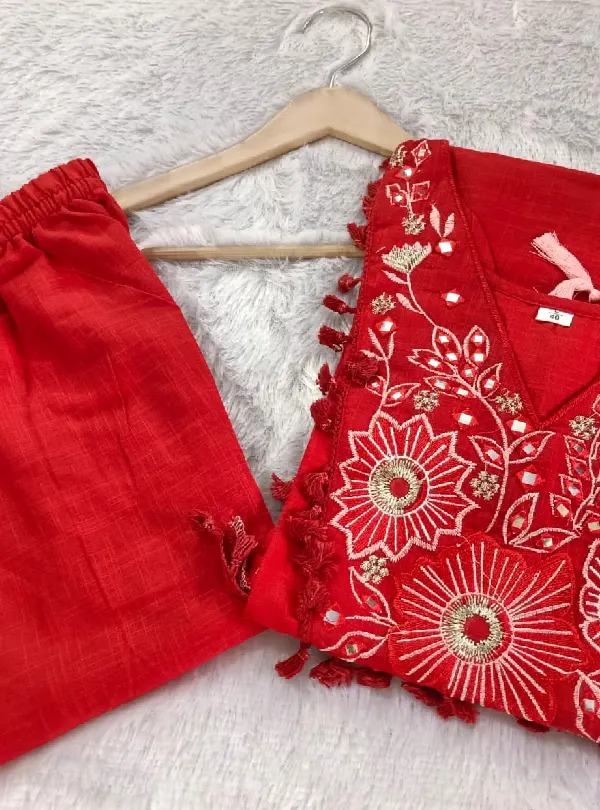 Cotton slub summer co-ord set with embroidery