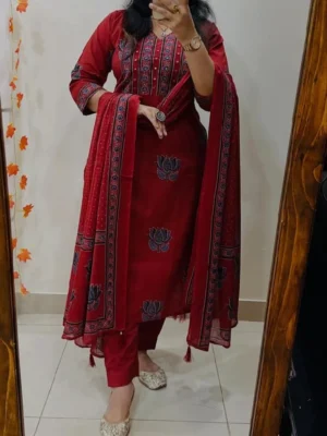 Designer Mughal Kalamkari Floral Cotton Suit Set with Mirror Handwork