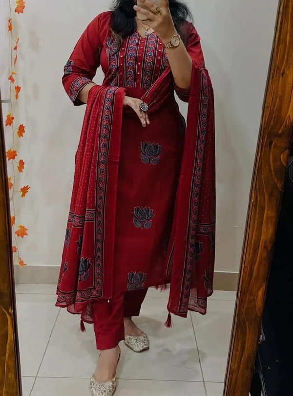Designer Mughal Kalamkari floral cotton suit set