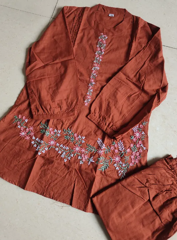 Designer embroidered cotton kurti pant set