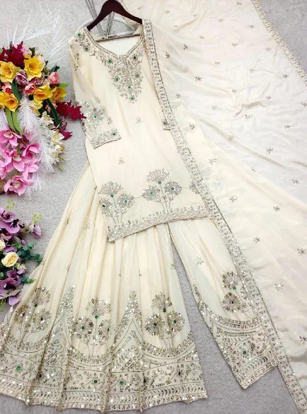 Embroidered Satin Silk Sharara Set for Women
