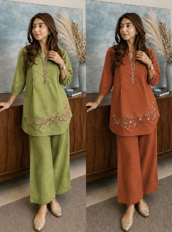 Embroidered cotton kurti pant set for women