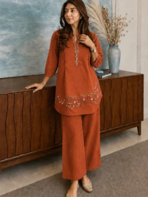 Embroidered pure cotton kurti pant set