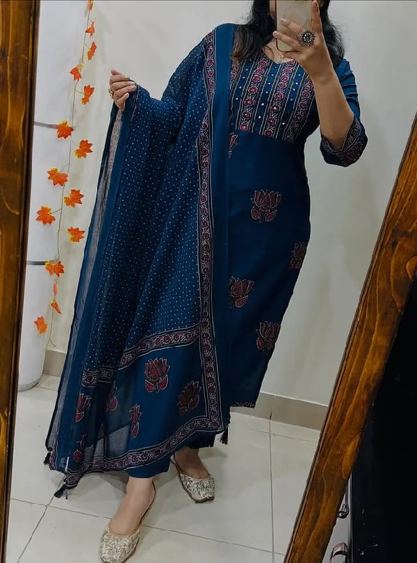 Mughal Kalamkari floral cotton suit set