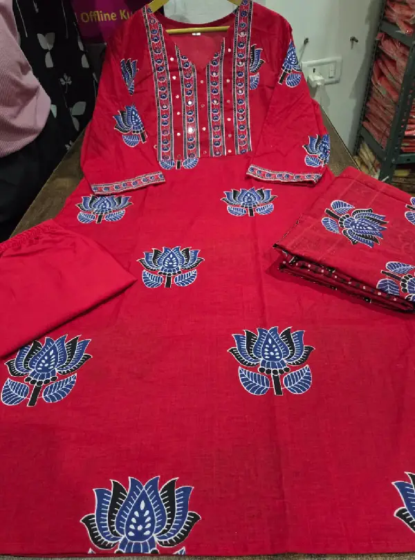 Mughal floral print cotton suit with mirror work