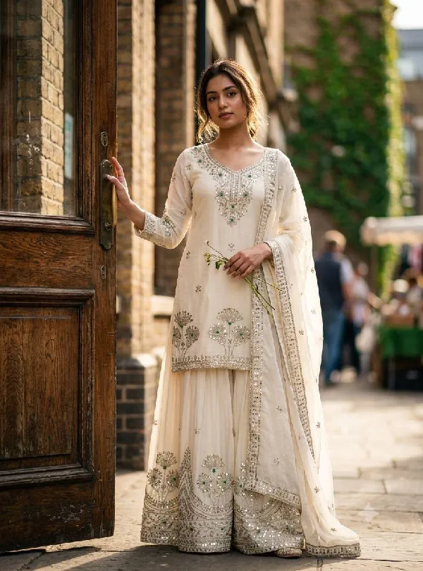 Trending Satin Silk Sharara Suit with Sequin Embroidery