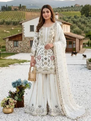 Cream Pure Natural Crepe Silk Top with Front Embroidery