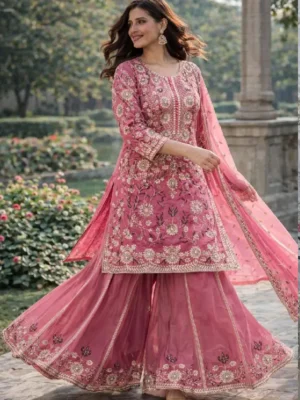 Pure Natural Crepe Silk Embroidered Palazzo Suit Set with Sequin Work