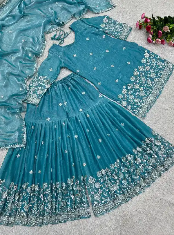 Heavy Frendy Silk Sharara Suit Set in Teal Blue Colour