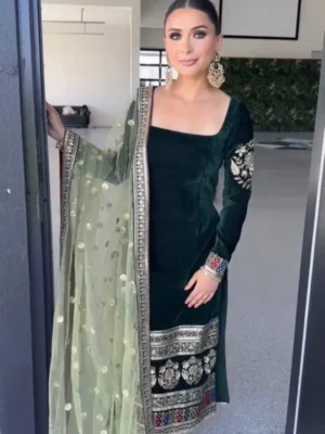 Heavy embroidered velvet top pant suit for women