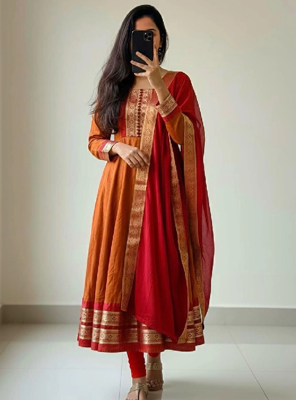 Pure silk cotton Kurti gown with contrast dupatta