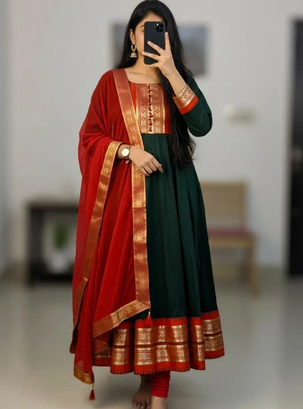 Silk cotton gown with contrast zari dupatta