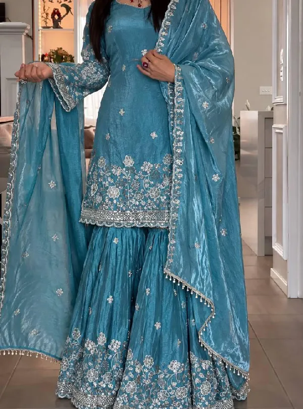 Teal Blue Embroidered Frendy Silk Sharara Suit